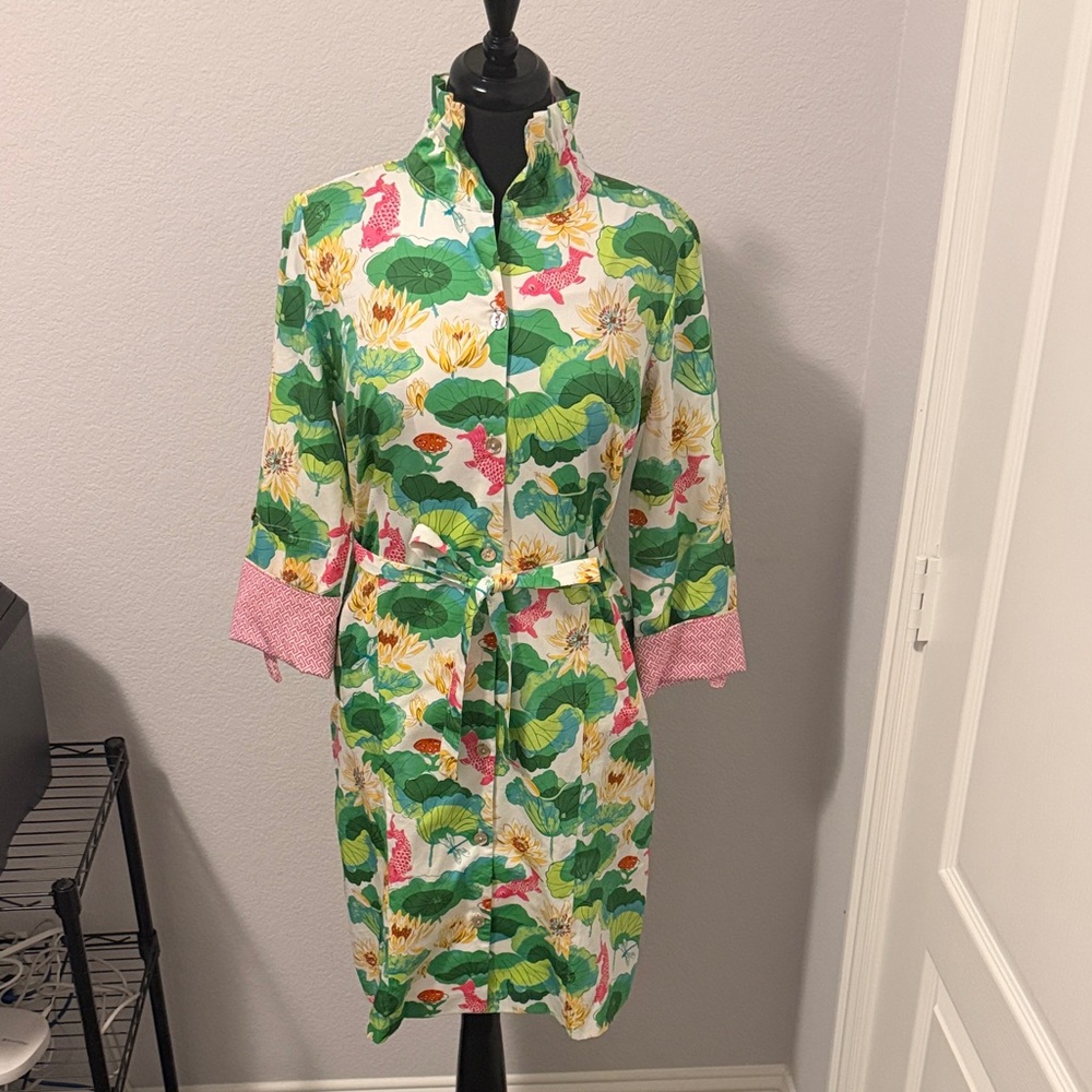 Patty Kim Green & White Floral Lotus Shirt Dress